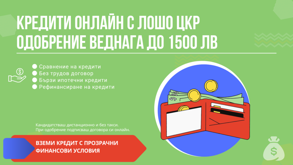 кредити онлайн с лошо цкр одобрение веднага до 1500 лв